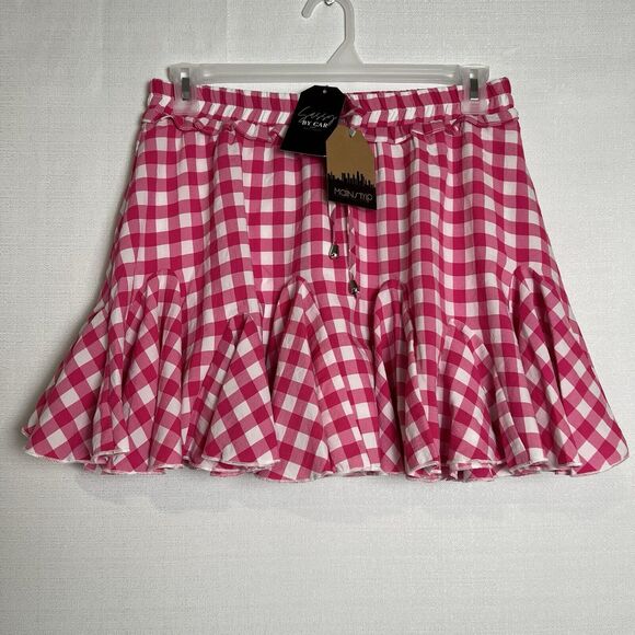 Pink and White Gingham Skort Size Large, Pleated ruffles, Elastic Waist NWT - Picture 2 of 8